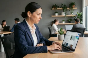 Femme professionnelle consultant un tableau de bord logiciel de rebranding sur un ordinateur portable dans un bureau moderne