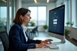 Femme professionnelle configurant son webmail Convergence Lyon sur un ordinateur de bureau dans un bureau moderne