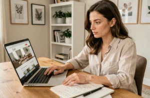 Femme cherchant des contacts de décoration pas cher en ligne depuis son bureau à domicile