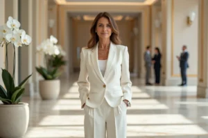Femme élégante en tenue blanche immaculée dans le hall d'un hôtel de luxe, illustrant le lien entre le blanc et la richesse