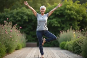 Femme de 60 ans faisant du yoga en plein air sur une terrasse en bois entourée de verdure, illustrant les bienfaits de l'activité physique pour bien vieillir