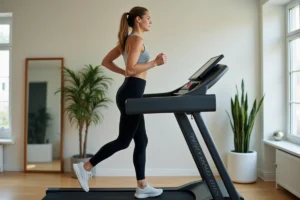 Femme qui court sur un tapis de course Sportstech F10 dans une salle de sport à domicile