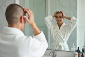 Femme aux cheveux rasés se regardant dans le miroir de la salle de bain, explorant son nouveau look tête rasée