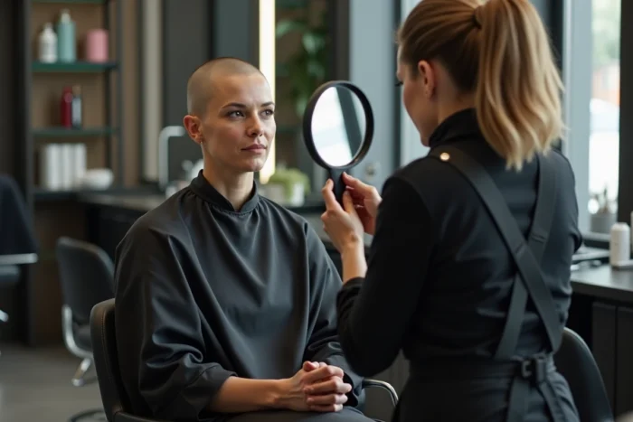 Femme aux cheveux rasés dans un salon de coiffure, coiffeuse lui montrant le résultat avec un miroir