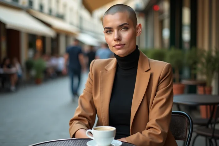 Femme confiante avec la tête rasée assise en terrasse de café, illustrant le style et l'élégance de la coupe rasée