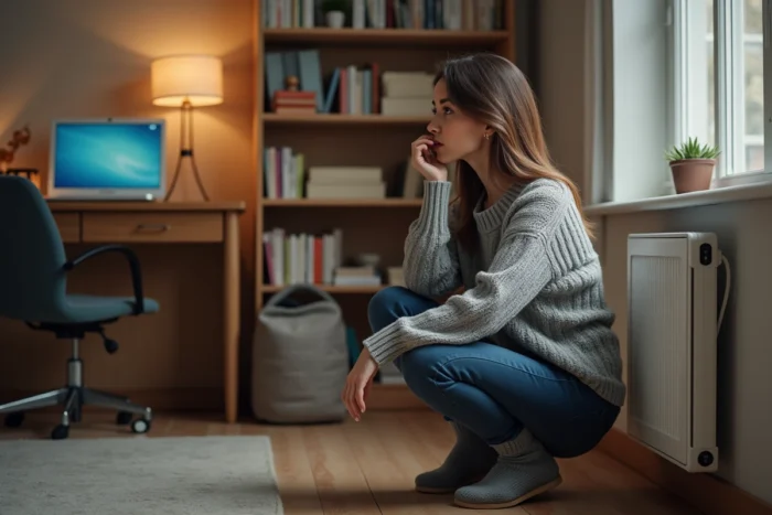 Femme examinant le thermostat numérique d'un radiateur électrique dans un bureau à domicile