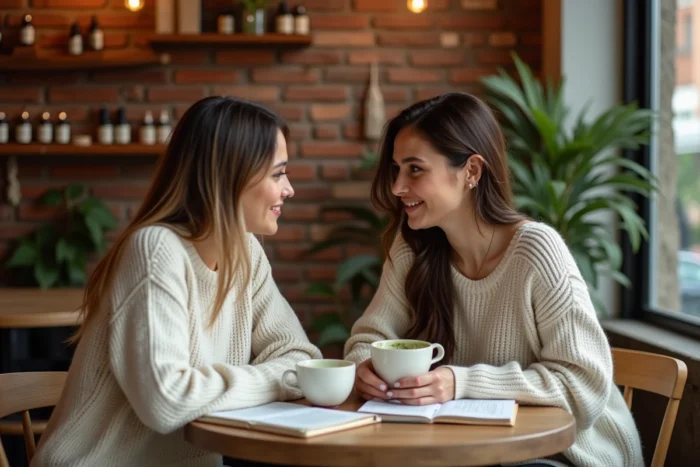 Deux femmes partageant un moment bien-être autour d'un matcha latte dans un café chaleureux, échange et épanouissement féminin