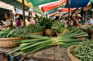 Feuilles de pandan fraîches attachées en botte sur un étal de marché asiatique entouré d'herbes tropicales