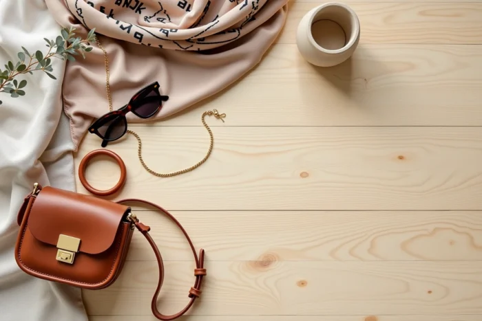 Flat lay éditorial d'accessoires tendance incluant foulard en soie, lunettes écaille, collier doré et sac en cuir caramel sur bois clair