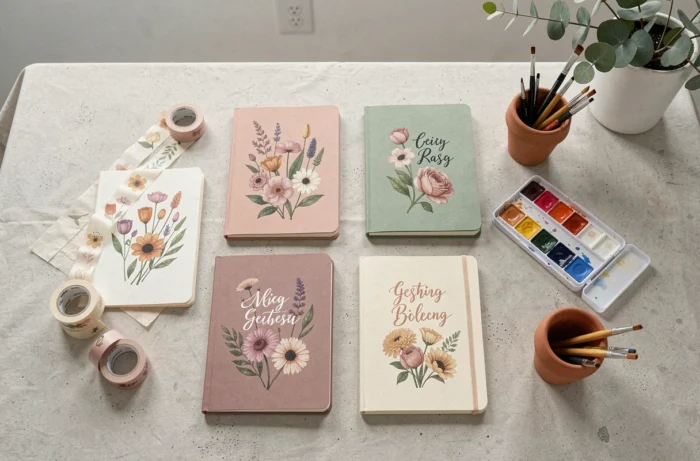 Flat lay artistique de produits créatifs Mademoiselle Camille — carnets illustrés, cartes aquarelle, washi tape et fleurs pressées sur fond béton clair