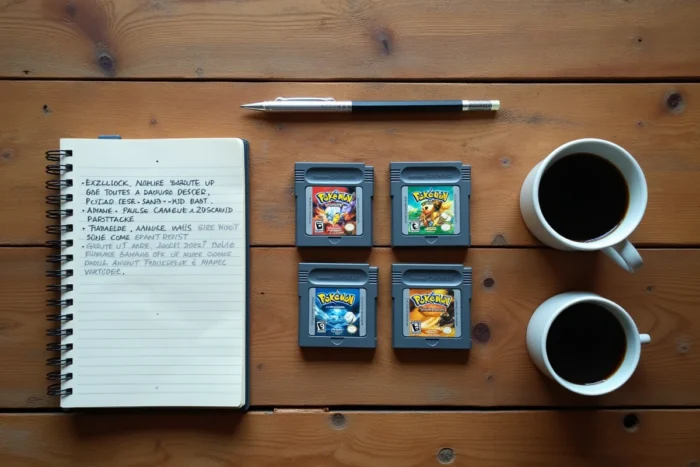 Vue de dessus d'un bureau avec cartouches Pokémon GBA en français, Game Boy Advance et cahier de règles Nuzlocke manuscrites