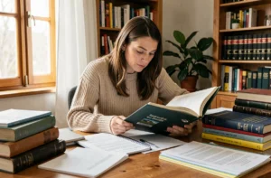 Femme se formant au droit de l'instruction à domicile en lisant des documents juridiques et des livres de loi à son bureau