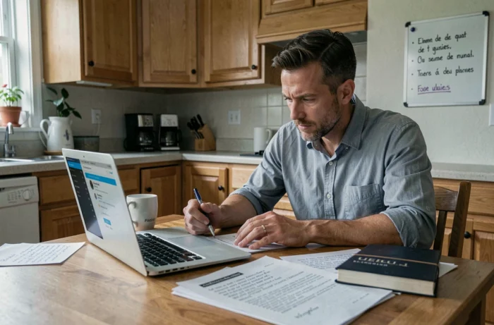 Homme suivant une formation en ligne sur le cadre légal de l'instruction à domicile depuis sa cuisine avec des notes manuscrites
