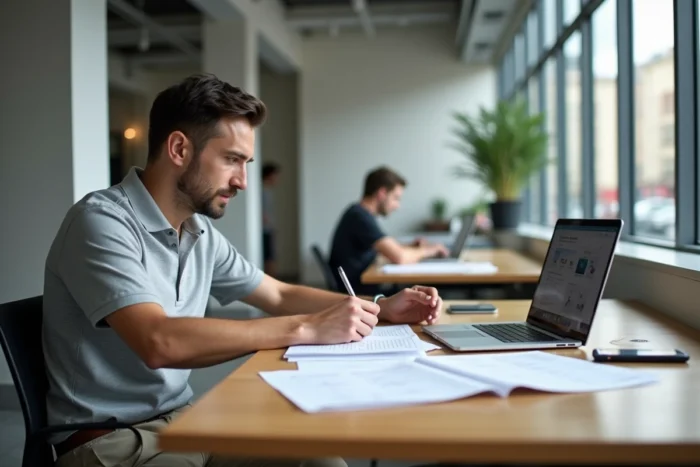 Un homme étudiant les formations pour devenir pet sitter professionnel sur un bureau avec des cours en ligne et des notes manuscrites