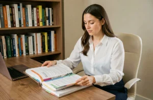 Femme en formation de wedding planner étudiant un manuel de cours à son bureau