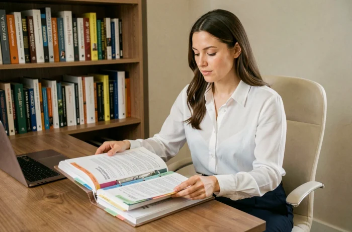 Femme en formation de wedding planner étudiant un manuel de cours à son bureau