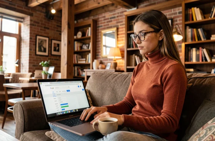 Jeune femme freelance travaillant sur un audit SEO et une stratégie de référencement naturel dans un café cosy avec son ordinateur portable