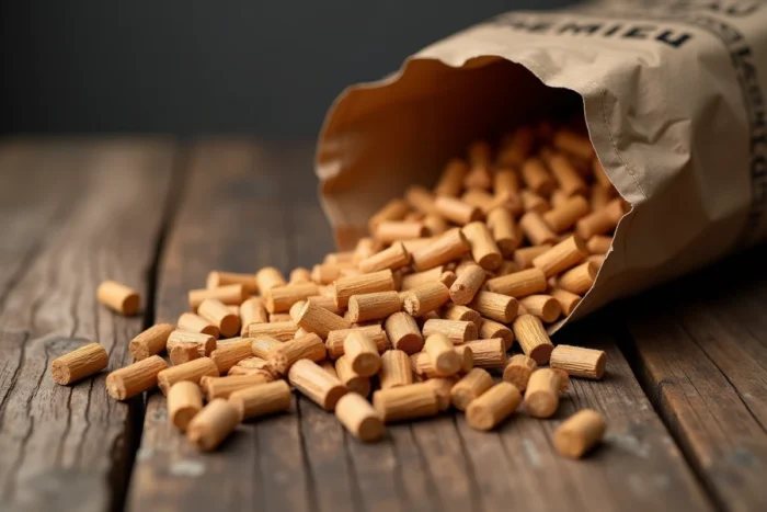 Gros plan sur des granulés de bois Piveteau de qualité sur une surface en chêne brut avec le sac kraft ouvert
