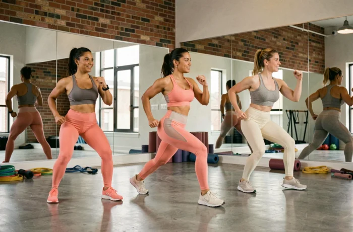 Groupe de personnes faisant un entraînement par intervalles dans un studio de fitness boutique, tendances sport collectif en forme
