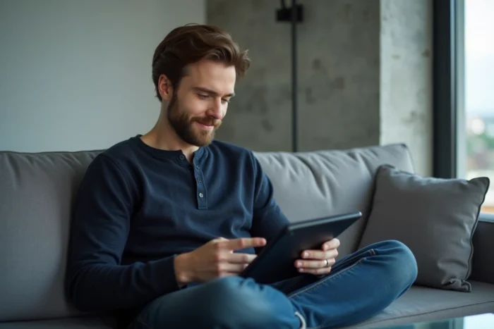 Homme utilisant une tablette pour agrandir une photo de profil sur les réseaux sociaux dans un appartement minimaliste moderne