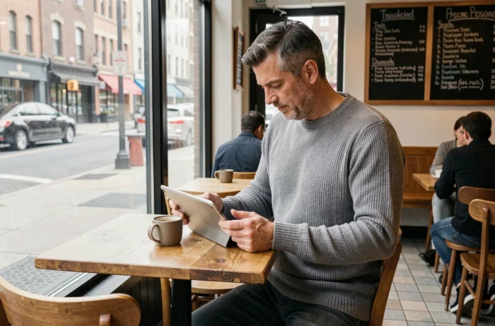 Homme lisant les dernières actualités sur une tablette dans un café urbain animé