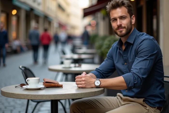 Homme élégant en terrasse de café avec montre vintage, lunettes de soleil et portefeuille en cuir tressé comme accessoires de style