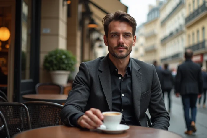 Homme en costume sombre assis à une terrasse de café parisien, regard détaché, atmosphère de discrétion urbaine