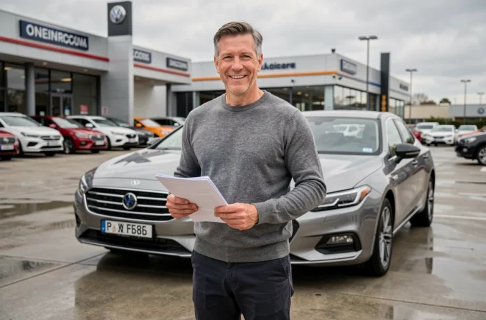 Homme tenant des documents de financement auto devant un véhicule neuf dans une concession automobile