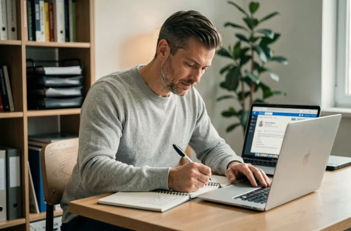 Homme en télétravail suivant une formation administrative en ligne depuis son bureau à domicile