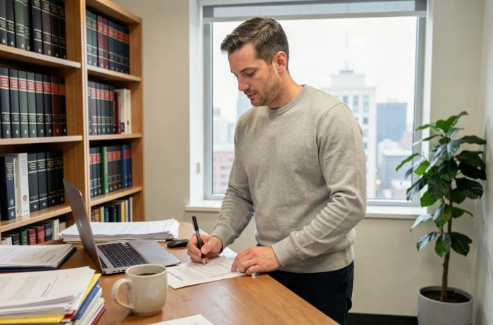 Homme remplissant un formulaire de déclaration éthique à son bureau debout dans un espace de travail professionnel