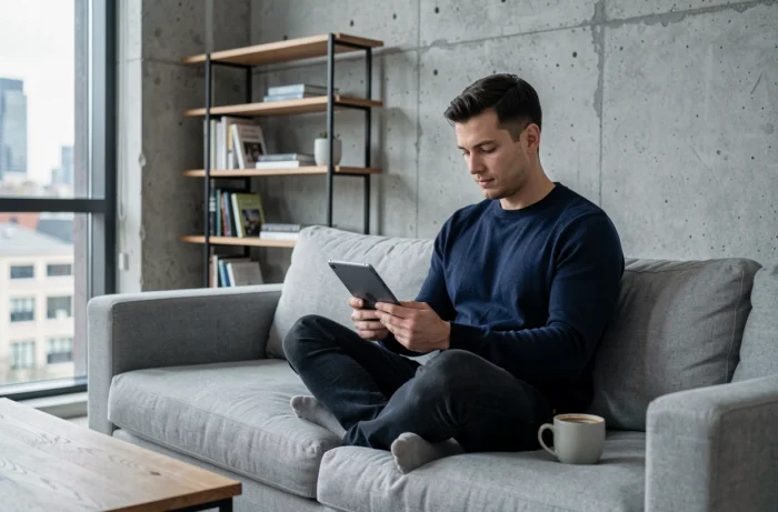 Homme consultant un forum de décoration intérieure pas cher sur tablette dans son salon moderne