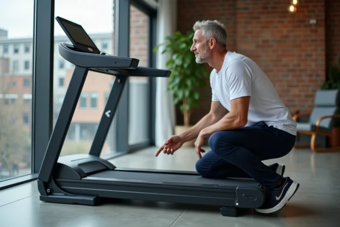 Homme inspectant les détails techniques et la structure du tapis de course Sportstech F10