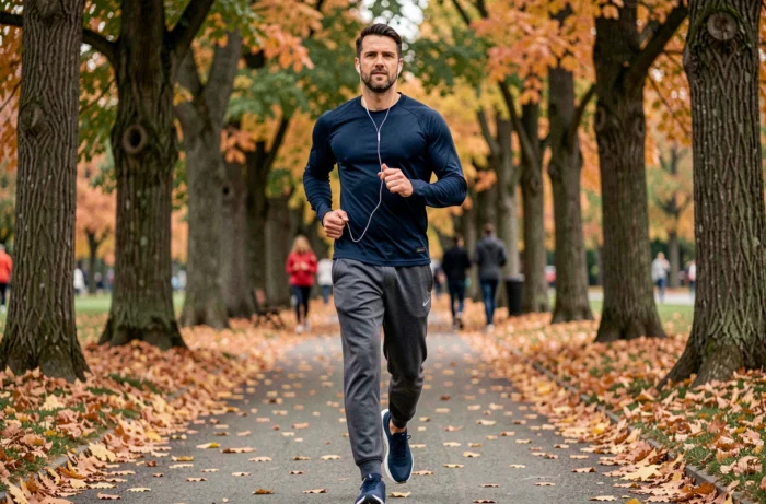 Homme faisant du jogging dans un parc en automne dans le cadre d'une routine naturelle de perte de poids