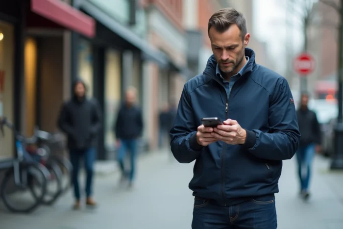 Homme utilisant un outil de géolocalisation sur son téléphone en milieu urbain, représentant la recherche de position en temps réel
