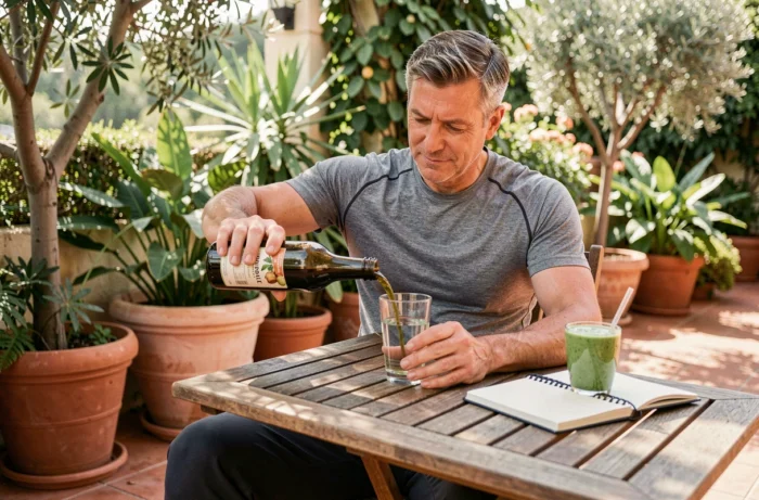 Homme versant du jus de Noni bio dans un verre d'eau sur une terrasse pour une routine minceur