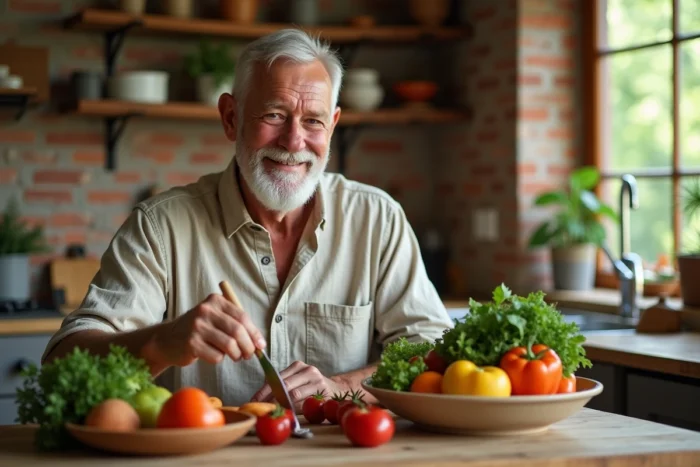 Homme senior souriant préparant un repas sain à base de légumes et fruits frais dans sa cuisine, symbolisant l'importance d'une bonne alimentation après 60 ans