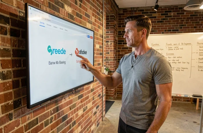 Homme en startup comparant des alternatives logicielles sur un grand écran mural dans un espace de coworking