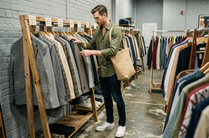 Homme en chemise en lin olive explorant des vêtements vintage dans une boutique tendance urbaine, incarnant un style personnel et authentique