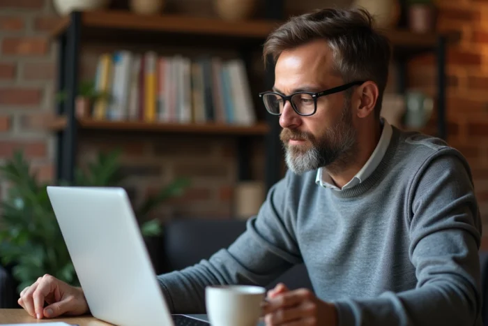 Homme en télétravail authentifiant son compte webmail Convergence Lyon sur un ordinateur portable à domicile