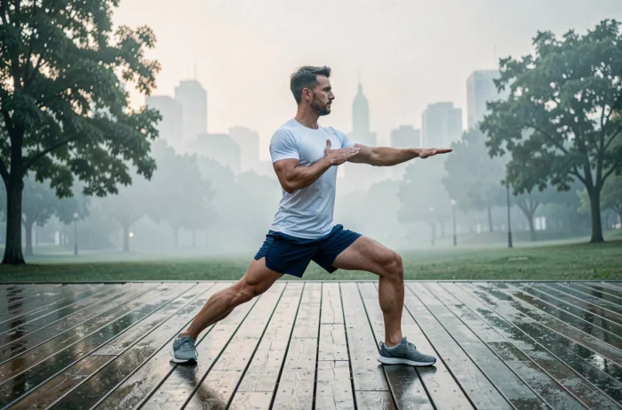 Homme pratiquant le yoga en plein air sur une terrasse en bois au lever du jour, tendance bien-être et fitness quotidien