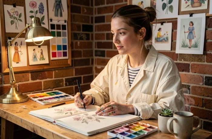 Illustratrice créative esquissant des motifs floraux dans son carnet de croquis dans un atelier en briques avec des impressions artistiques au mur