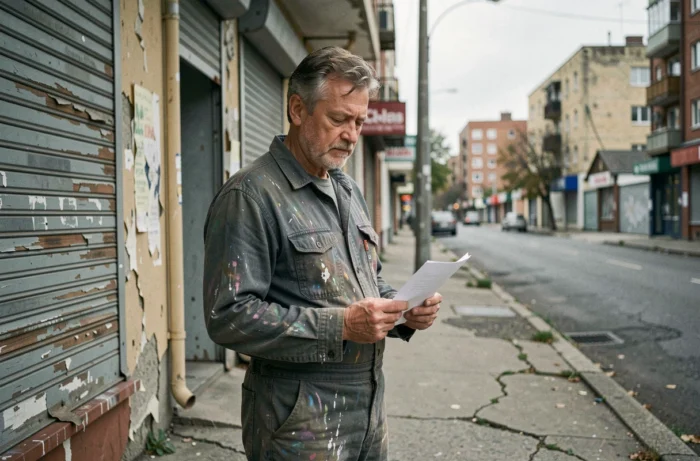 Homme ouvrier face à une difficulté économique dans un quartier défavorisé, illustrant les inégalités de revenus en France