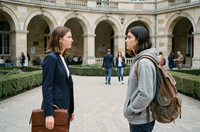 Deux jeunes femmes aux parcours sociaux contrastés sur un campus universitaire, symbolisant les inégalités d'accès à l'éducation en France