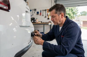 Technicien automobile installant une caméra de recul sur le pare-chocs arrière d'une Citroën C3 blanche dans un garage