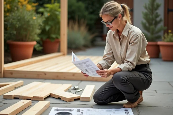 Femme consultant les instructions de montage d'une pergola en bois Brico Dépôt sur une terrasse en béton avec pièces étalées