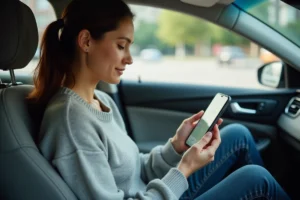 Femme consultant un itinéraire hors connexion sur smartphone dans une voiture garée en ville