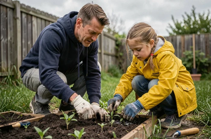 Père et fille qui jardinent ensemble dans un potager familial au printemps, moment de complicité pour renforcer les liens entre parents et enfants
