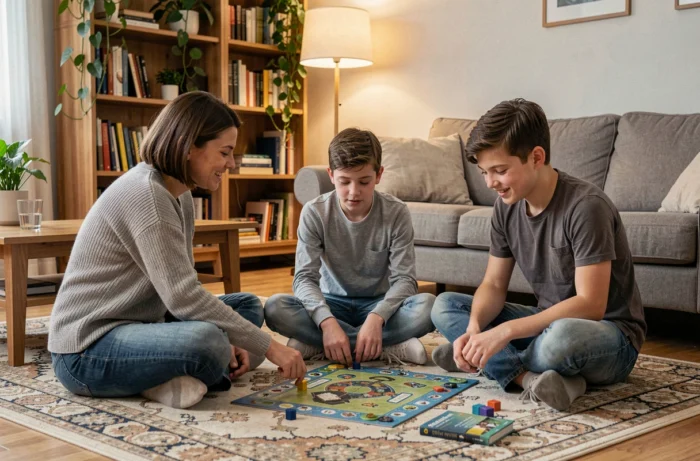 Mère et ses deux fils adolescents qui jouent à un jeu de société dans le salon familial, activité quotidienne pour renforcer la cohésion familiale