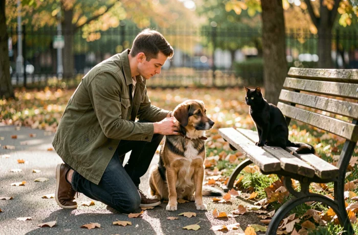 Jeune homme avec un chien et un chat dans un parc en automne