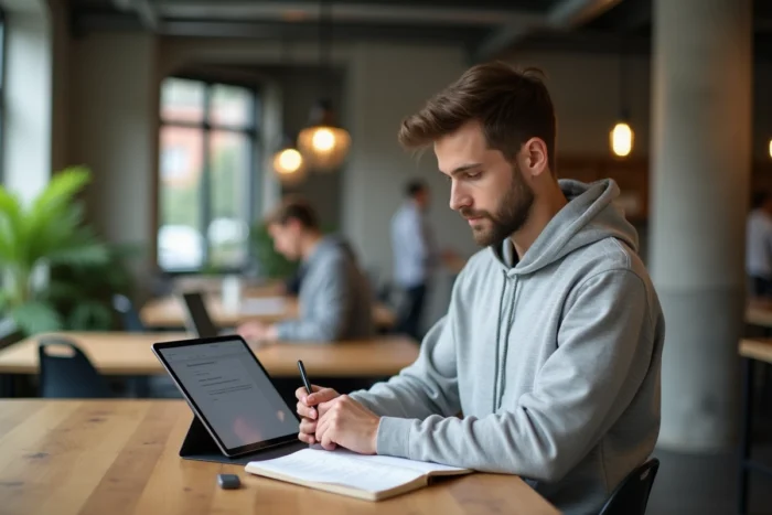 Jeune professionnel configurant les paramètres du webmail Convergence Lyon sur une tablette dans un espace de coworking